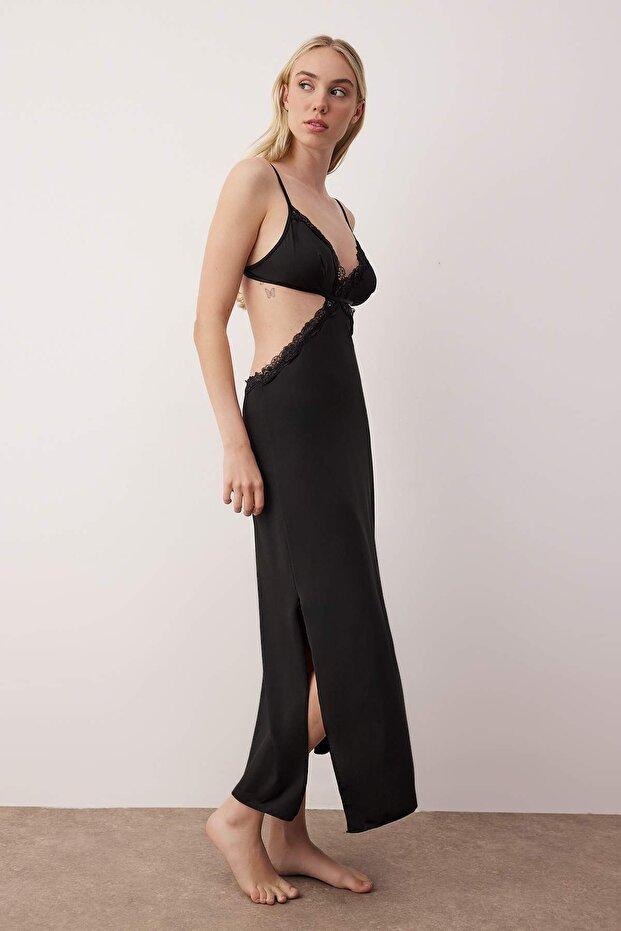 Siyah Pencere/Cut Out ve Dantel Detaylı Kapsız Babydoll/Fantezi Gecelik THMAW26LL00004 - 1