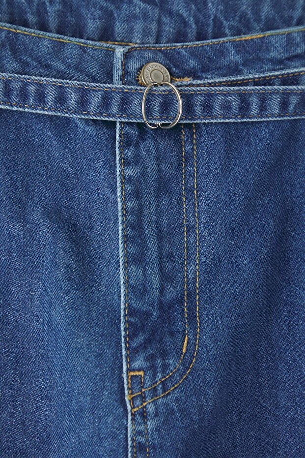 Mavi Yüksek Bel Kemerli Geniş Paça Denim Büyük Beden Jeans TBBAW26CJ00031 - 6