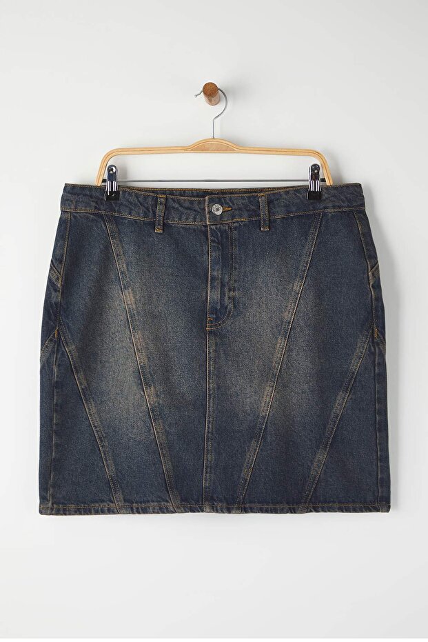 More Sustainable Koyu Mavi Dikiş Detaylı %100 Pamuk Non-Stretch Mini Denim Etek TBBAW26AZ00037 - 5