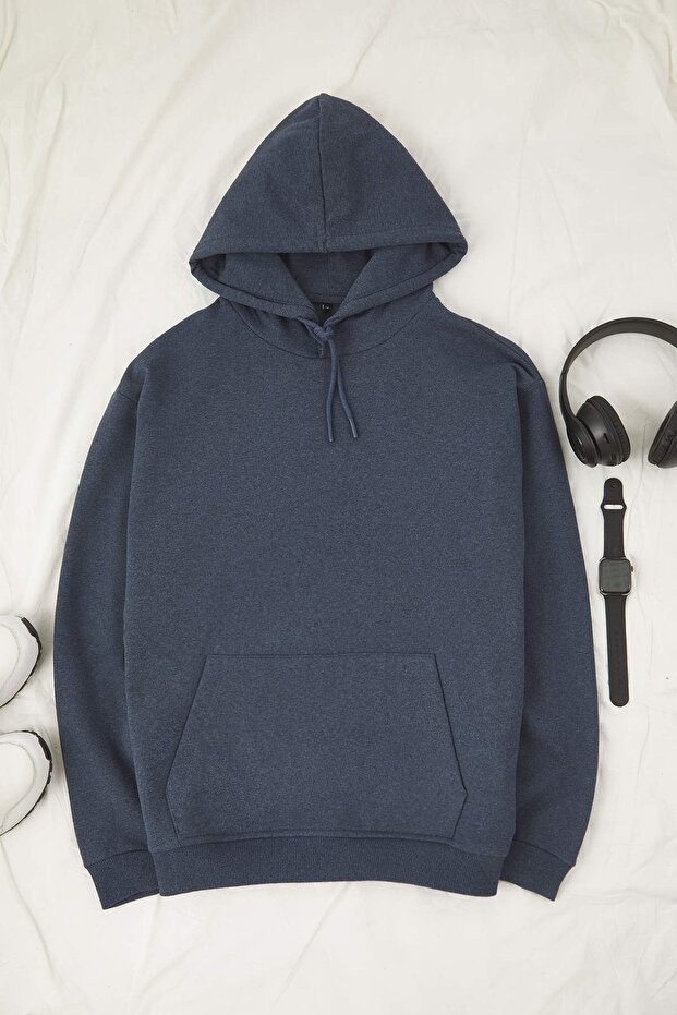 Indigo Oversize/Geniş Kesim Kapüşonlu İçi Polar/Sıcak Tutan Sweatshirt TMNAW23SW00195 - 6