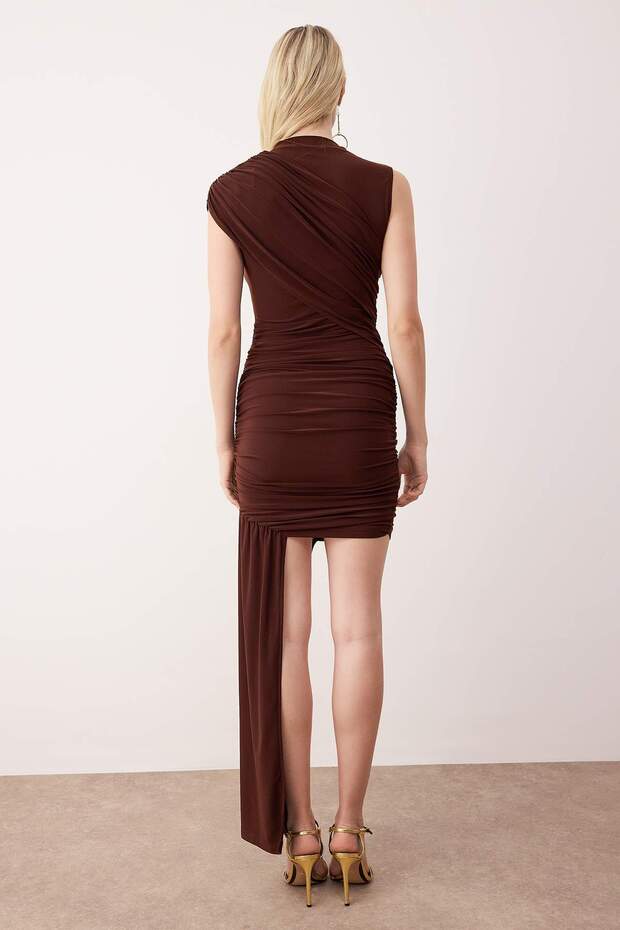 Kahverengi Dik Yaka Bodycone/Vücudu Saran Kısa / Mini Örme Elbise TPRSS25EL00324 - 4