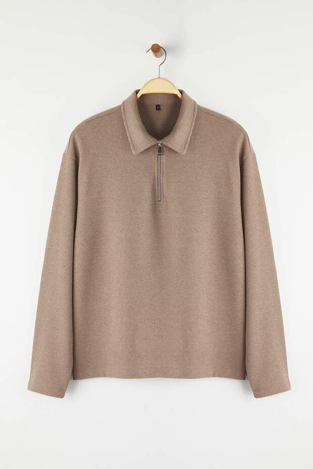 Kamienna koszulka polo oversize z prostym kołnierzem Koszulka polo/bluza TMNAW26PO00000 - 5