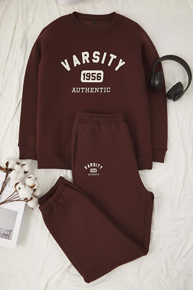 Brown Slogan Printed Regular Fit Fleece Inside Oversize Tracksuit Set Tbbaw26Ts00004 - 5