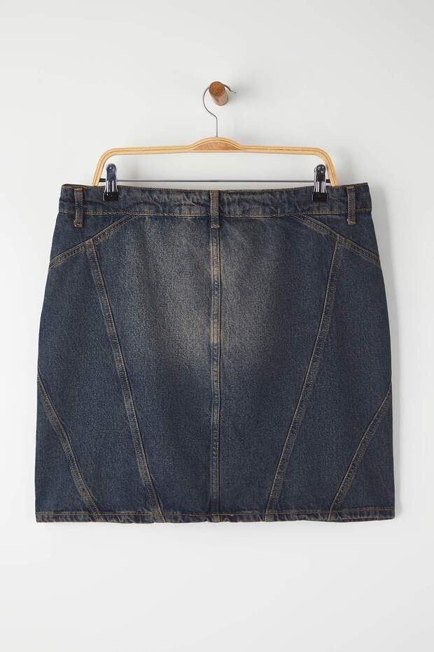 More Sustainable Koyu Mavi Dikiş Detaylı %100 Pamuk Non-Stretch Mini Denim Etek TBBAW26AZ00037 - 7