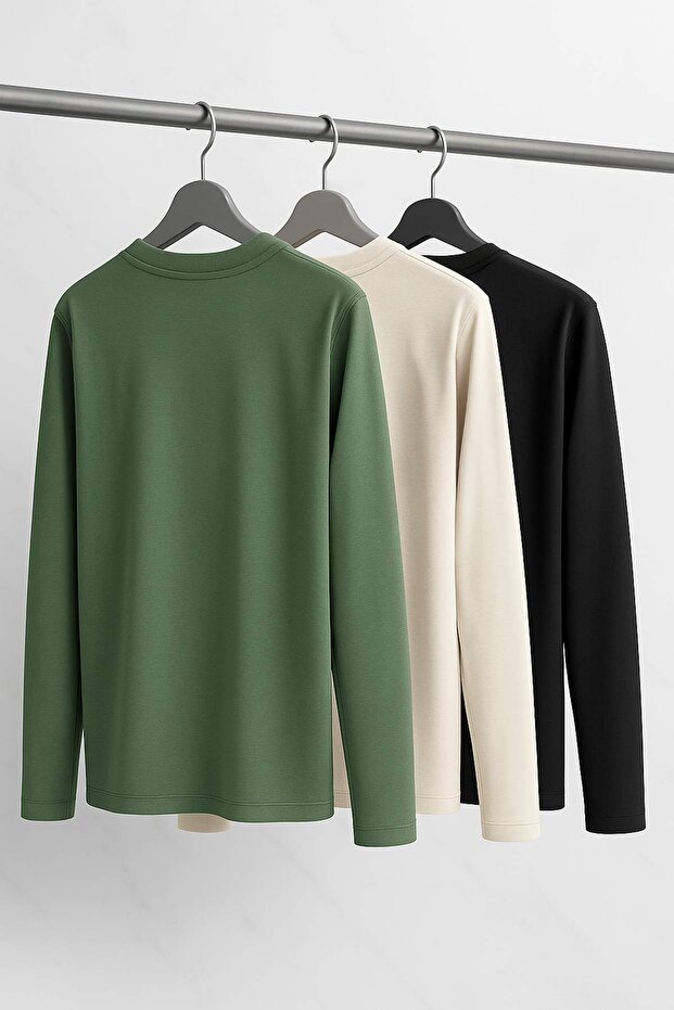 Siyah-Bej-Koyu Yeşil Regular/Normal Uzun Kollu 3'lü Basic Paket T-Shirt TMNAW21TS0197 - 3