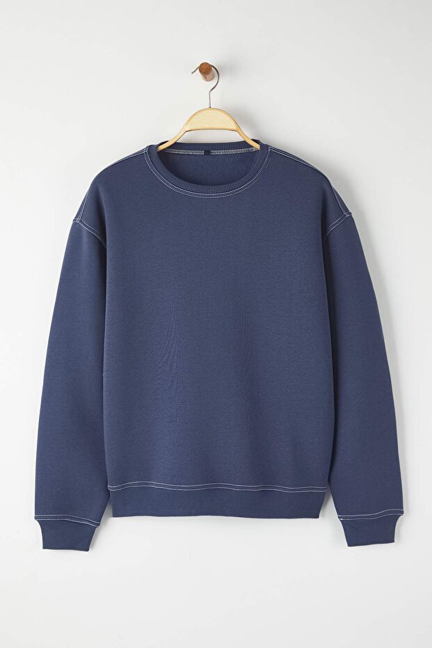 Soluk Indigo Oversize/Geniş Kesim Kontrast Dikiş Detaylı Bisiklet Yaka Sweatshirt TMNAW24SW00011 - 6