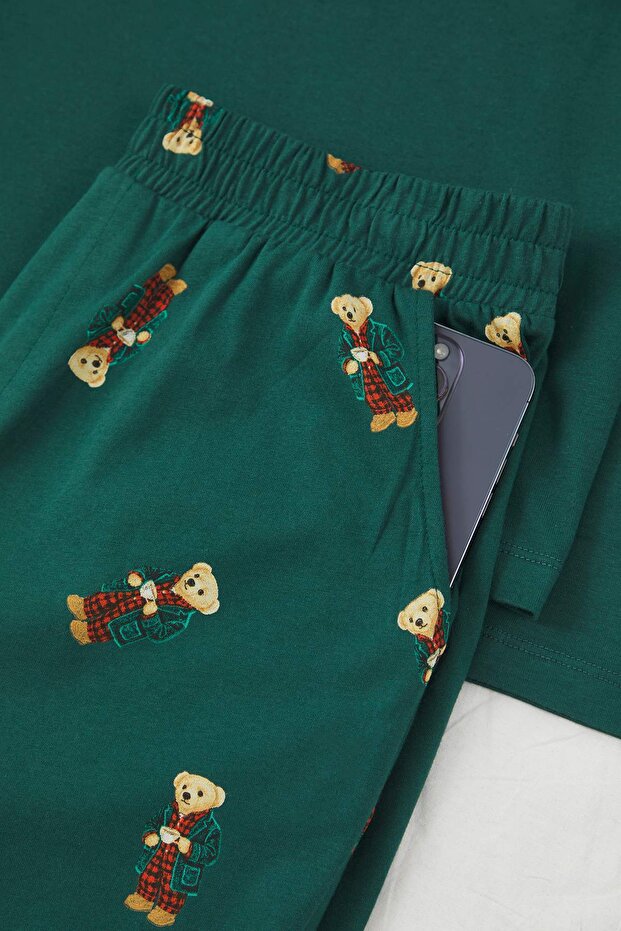 Yeşil Regular Fit Ayıcık Baskılı %100 Pamuk Örme Pijama Takımı TMNAW26PT00007 - 2