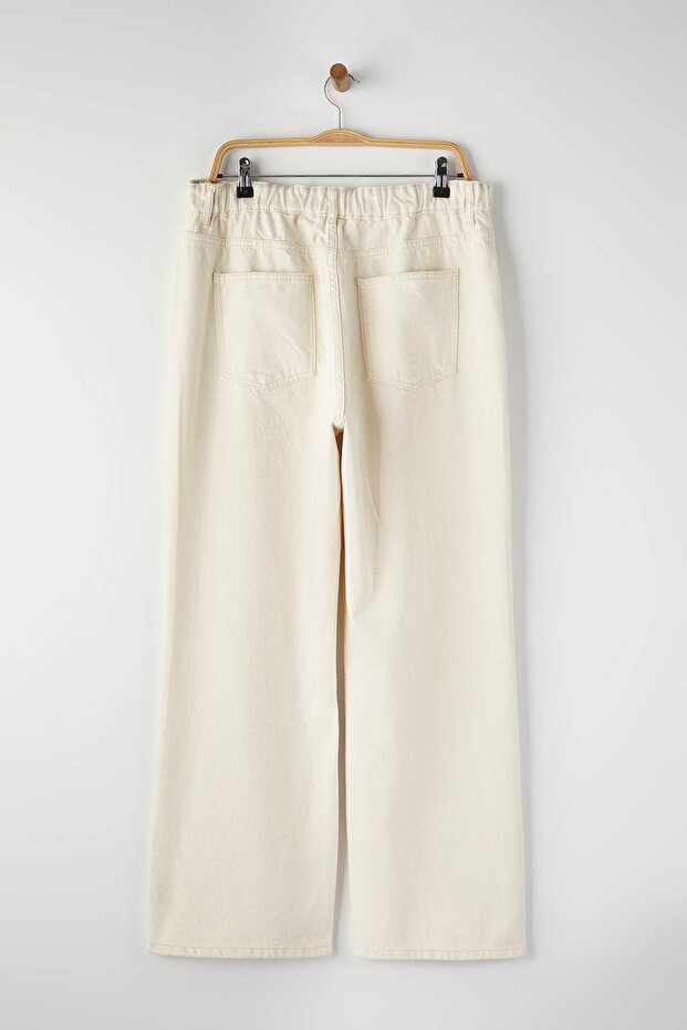 Ekru Beli Lastikli ve Ayarlanabilir Wide Leg Geniş Paça Büyük Beden Pantolon TBBAW26AR00018 - 8