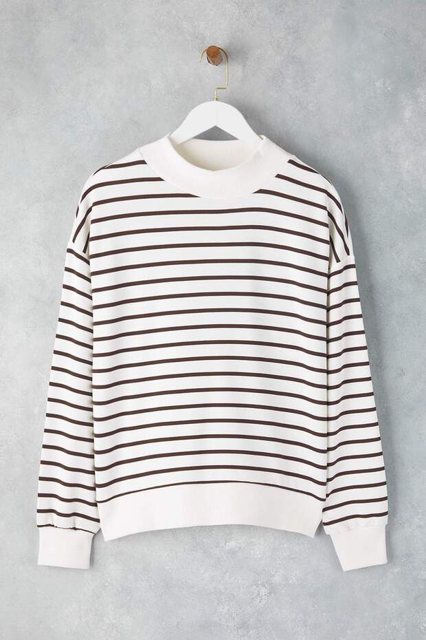 Kahverengi Çizgili Oversize/Geniş Kalıp Örme Sweatshirt TWOAW26SW00102 - 5