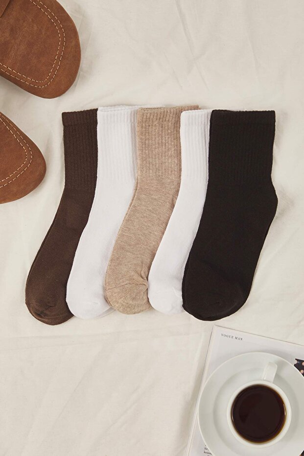 Kahverengi Çok Renkli 5'li Paket Pamuklu Örme Çorap TWOSS21CO0015 - 3