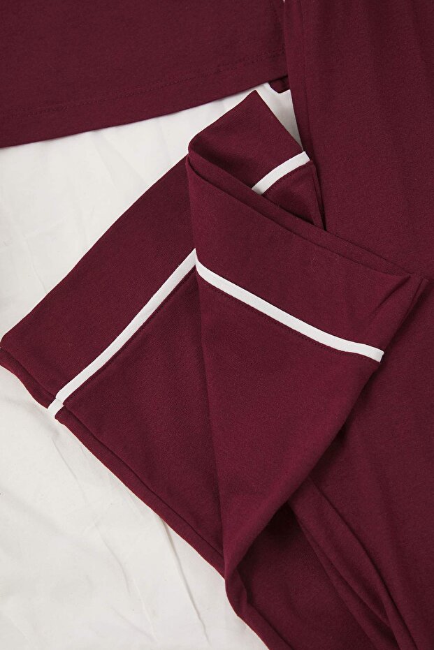 Bordo Biye Detaylı Gömlek Yaka Örme Pijama Takımı TBBAW26AI00032 - 5