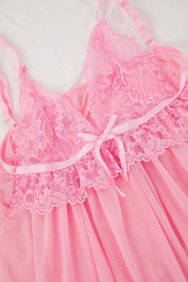 Pembe Tül Kurdele/Fiyonk ve Dantel Detaylı Kapsız Külotlu Babydoll/Fantezi Gecelik THMAW26LL00007 - 8