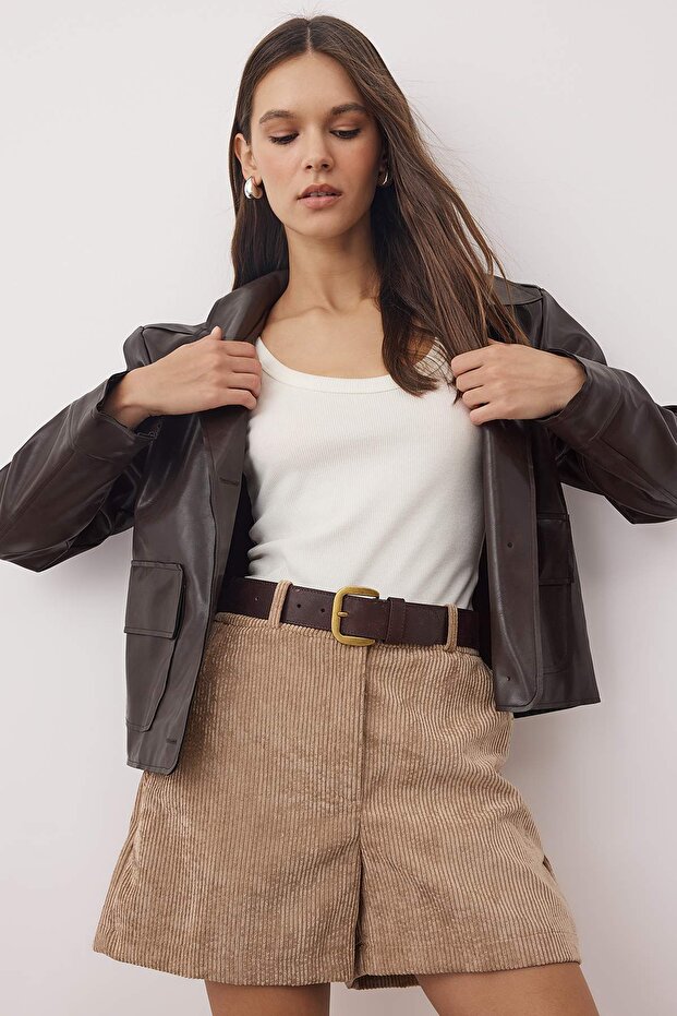 Bej Kadife Basic City Boy Şort & Bermuda TWOAW26SR00038 - 2