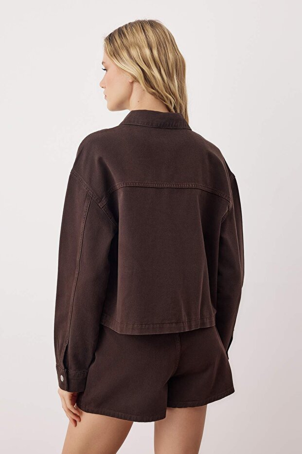Kahverengi Cep Detaylı Regular Denim Ceket TWOAW26CE00038 - 4