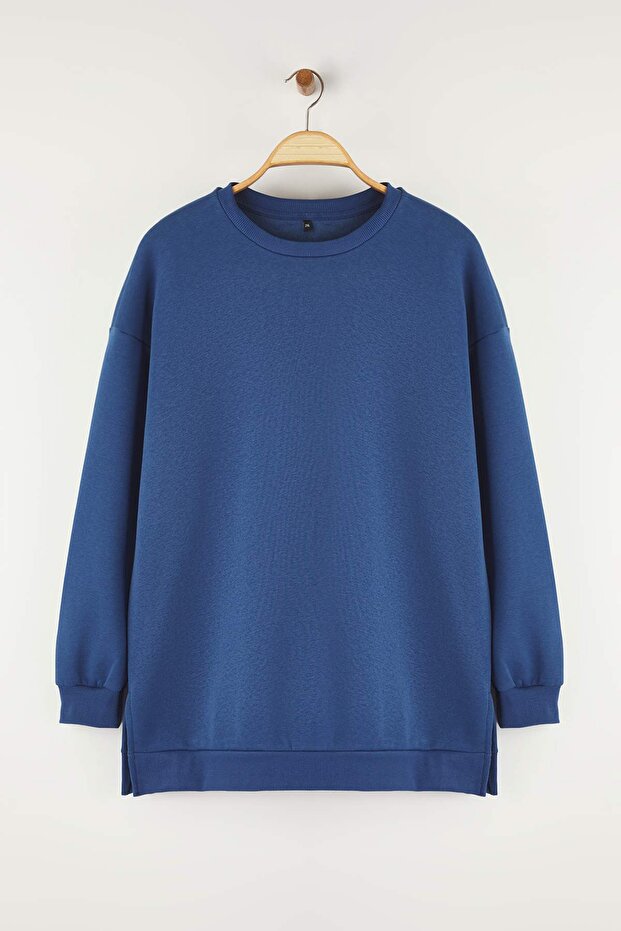 Indigo Kalın İçi Polarlı Yırtmaçlı Oversize/Bol Kesim Örme Büyük Beden Sweatshirt TBBAW24AO00003 - 5