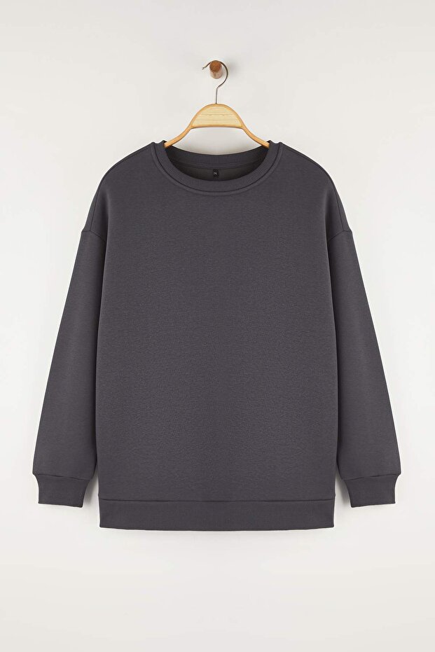Antrasit Oversize/Bol Kesim Basic Bisiklet Yaka Kalın/İçi polarlı Örme Sweatshirt TBBAW25AO00008 - 5
