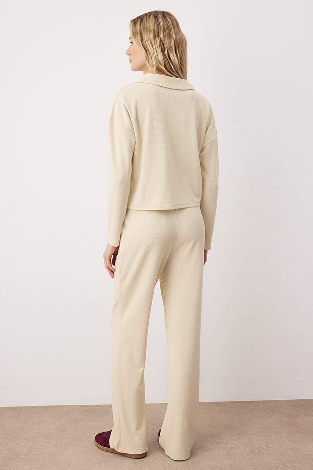 Ekru Selanik Polo Yaka Crop Üst Wide Leg/Geniş Kesim Alt Esnek Örme Alt - Üst Takım TWOAW26AU00053 - 5