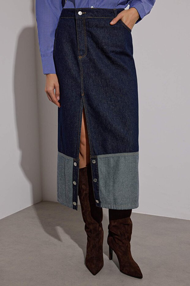 Koyu Mavi Asimetrik Kapama Midi Denim Etek TWOAW26ET00063 - 3