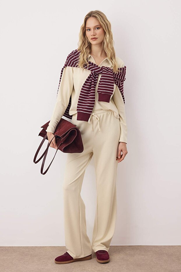 Ekru Selanik Polo Yaka Crop Üst Wide Leg/Geniş Kesim Alt Esnek Örme Alt - Üst Takım TWOAW26AU00053 - 1