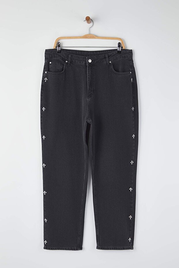 Siyah Taşlı Yüksek Bel Büyük Beden Mom Jeans TBBAW26CJ00044 - 5