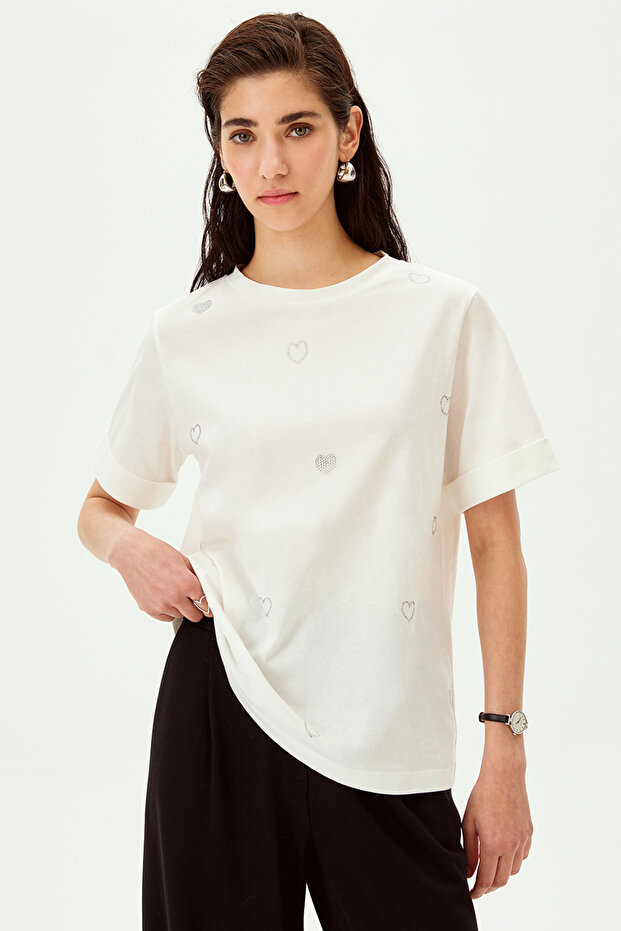 Heart Stone Detailed Crew Neck Cotton Regular Knitted T-Shirt