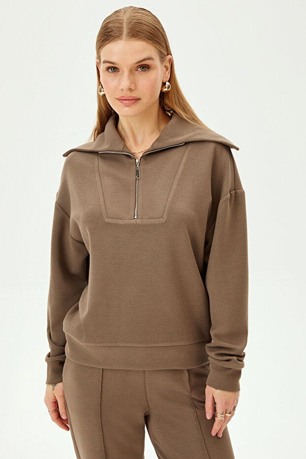 Yaka Detaylı Fermuarlı Regular Örme Sweatshirt - 6