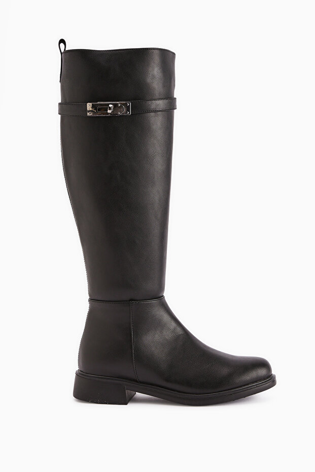 Kanako Black Accessorized Zippered Women's Short Heeled Boots