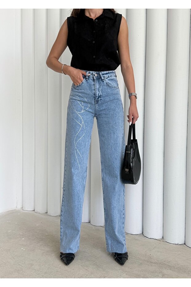 Women's Blue Shiny Stone Special Design Denim Straight Palazzo Jeans