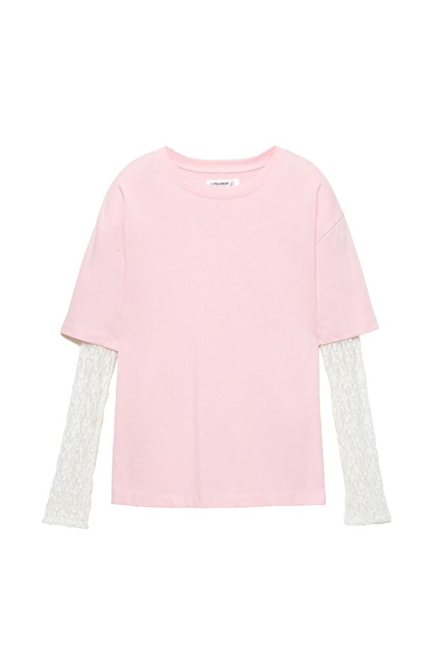 Dantel çift kollu t-shirt - 4