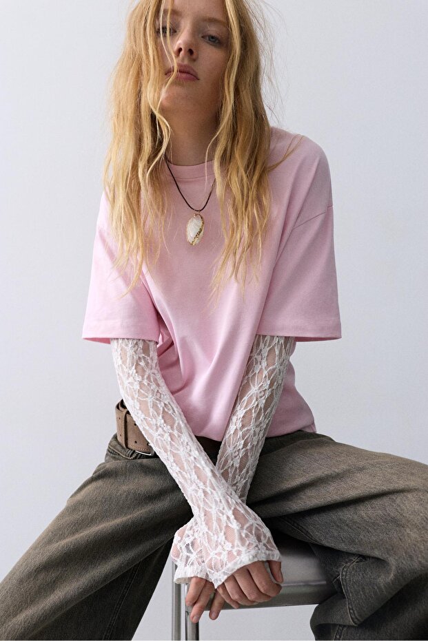 Dantel çift kollu t-shirt - 1