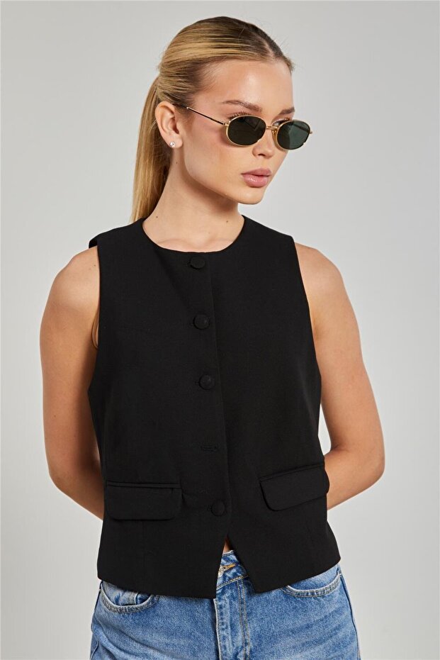 Women's Polyviscon Vest with Pocket Cover - Black