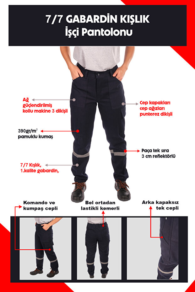 7/7 Gabardin Kışlık İşçi Pantolonu Tek Reflektörlü Kalın İş Pantolonu - 2