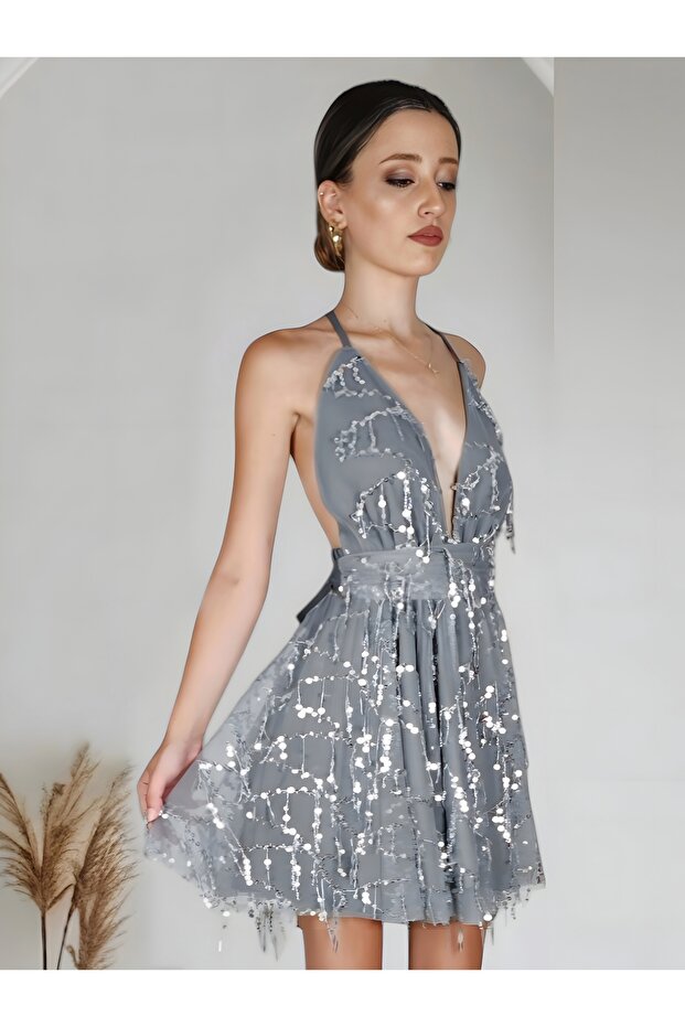 Gri Pullu Elbise - 1