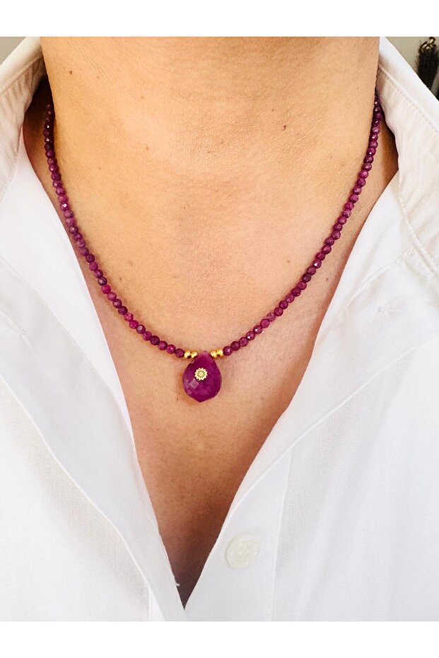 Ruby Natural Stone Drop Necklace 45 cm