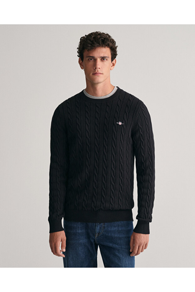 Erkek Siyah Regular Fit Bisiklet Yaka Örgü Kazak - 1