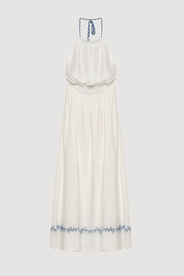 Rochie lungă brodata cu talie elastică Ecru - 2