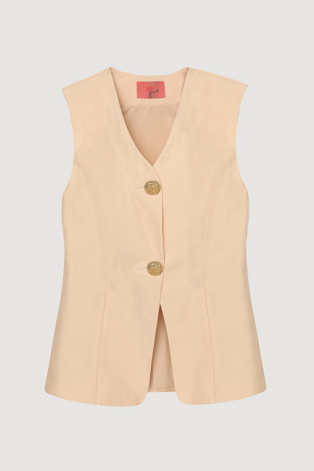 سترة بياقة على شكل حرف V بزر مزدوج باللون البيج - 2