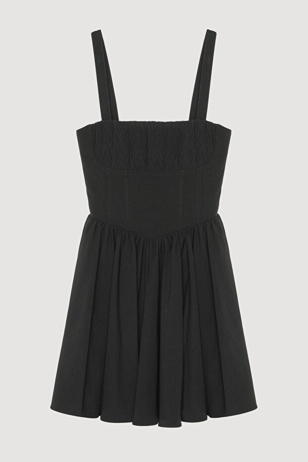 Kalın Askılı Pileli Mini Elbise Siyah - 1