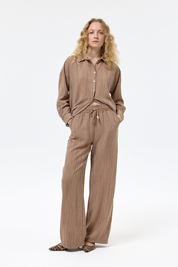 Beaded String Tied Textured Trousers Brown