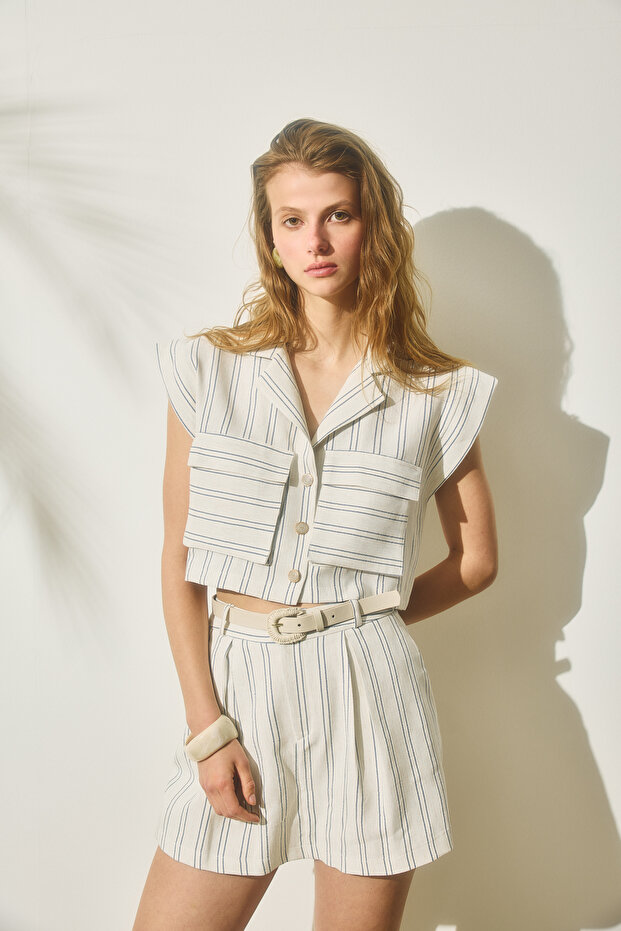 Large Pocket Striped Sleeveless Linen Shirt Natural