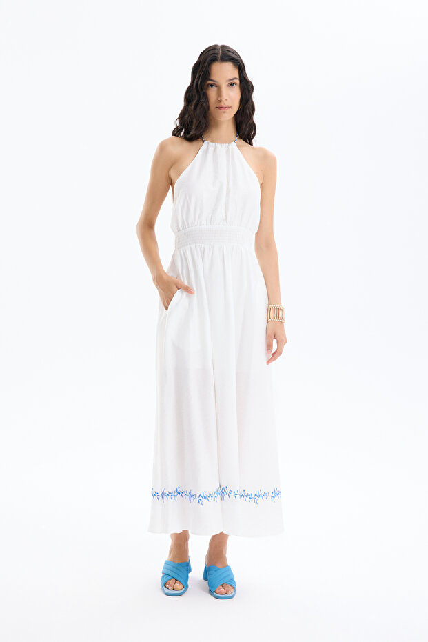 Rochie lungă brodata cu talie elastică Ecru - 1