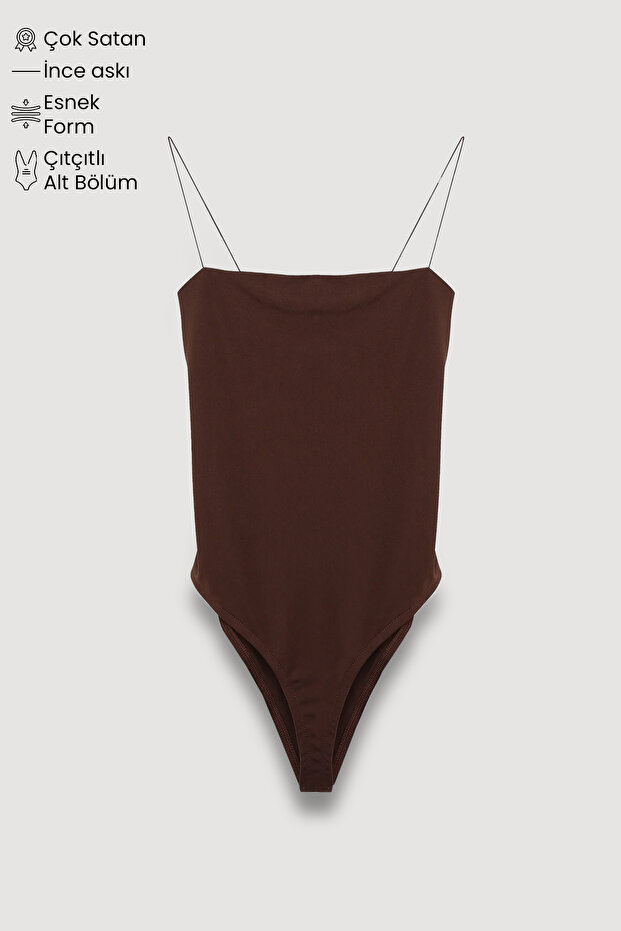 Snap Fastener Thin Strap Bodysuit Dark Brown - 1