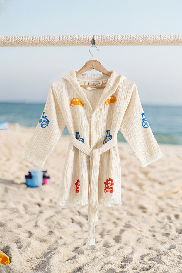 %100 Organik, El İşçiliği Taş Baskı Çocuk Bornozu - Trafik - 1