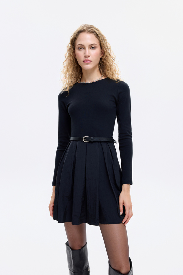 Beli Kemerli Garnili Basic Mini Elbise Siyah - 3