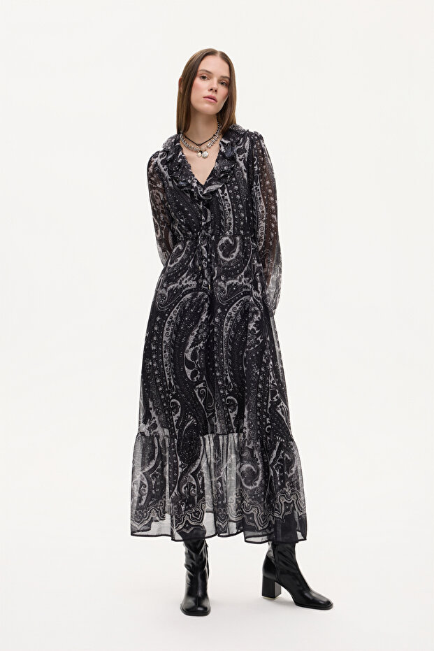 Ethnic Patterned Flange Collar Long Dress Black