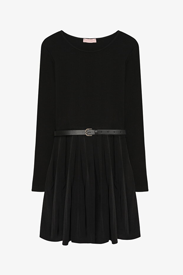 Beli Kemerli Garnili Basic Mini Elbise Siyah - 2