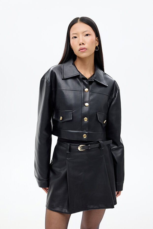 Double Pocket Buttoned Crop Leather Jacket Black - 1