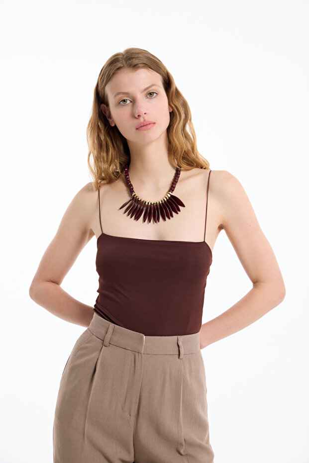 Snap Fastener Thin Strap Bodysuit Dark Brown - 2