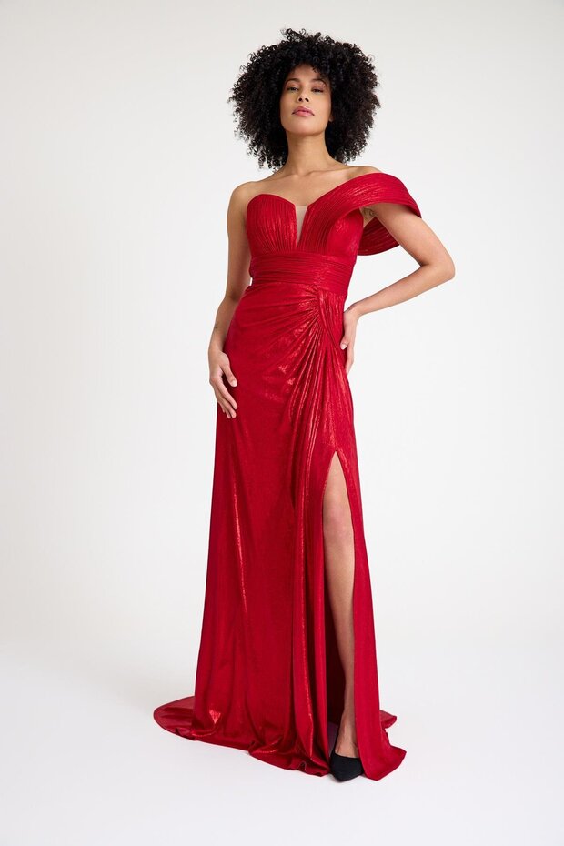 6019SIM TEK OMUZ SİMLİ LAME ELBİSE - 1