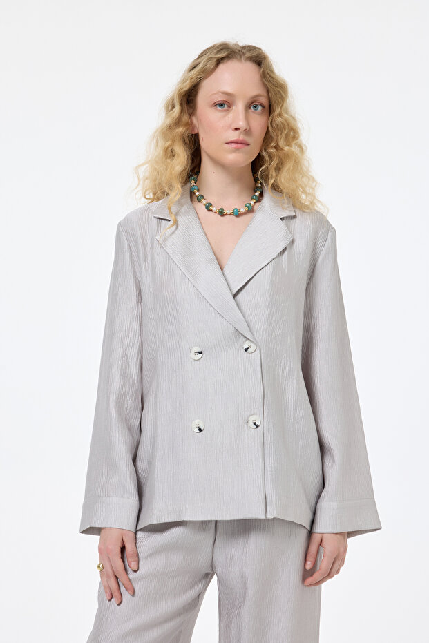 Gray Textured Oversize Blazer Jacket - 3